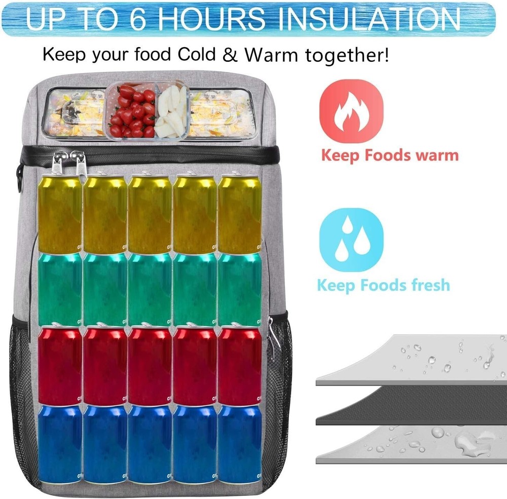 Insulated Cooler Backpack Double Deck Lightweight Waterproof 49L Grey