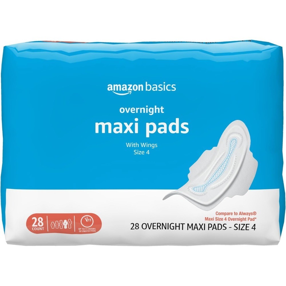 Overnight Absorbency Thick Maxi Pads with Wings Unscented Size 4 28 Count
