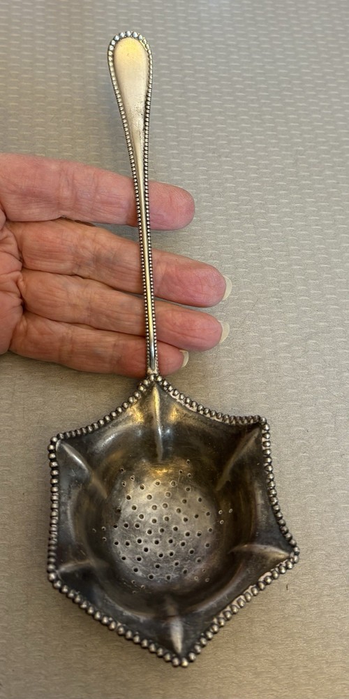 Victorian Antique Silverplated Tea Strainer Hexagon Bowl Colonial Bead Pattern