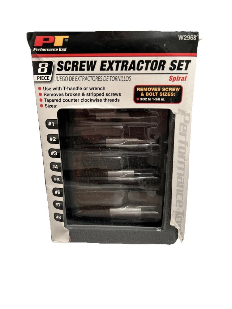 Performance Tool W2968 8 Piece Screw Extractor Set, New