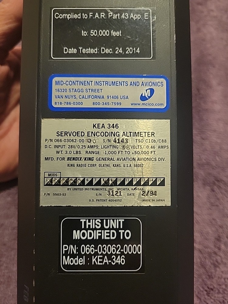 Bendix King KEA 346 Servoed Encoding Altimeter 066-3062-00 With 8130-3 Tested