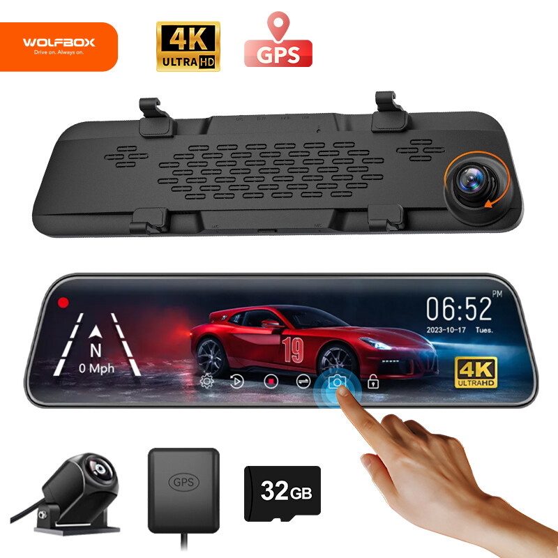 WOLFBOX 4K 12" Dual Dash Cam Car Rear Mirror View Backup Dual Camera G840S