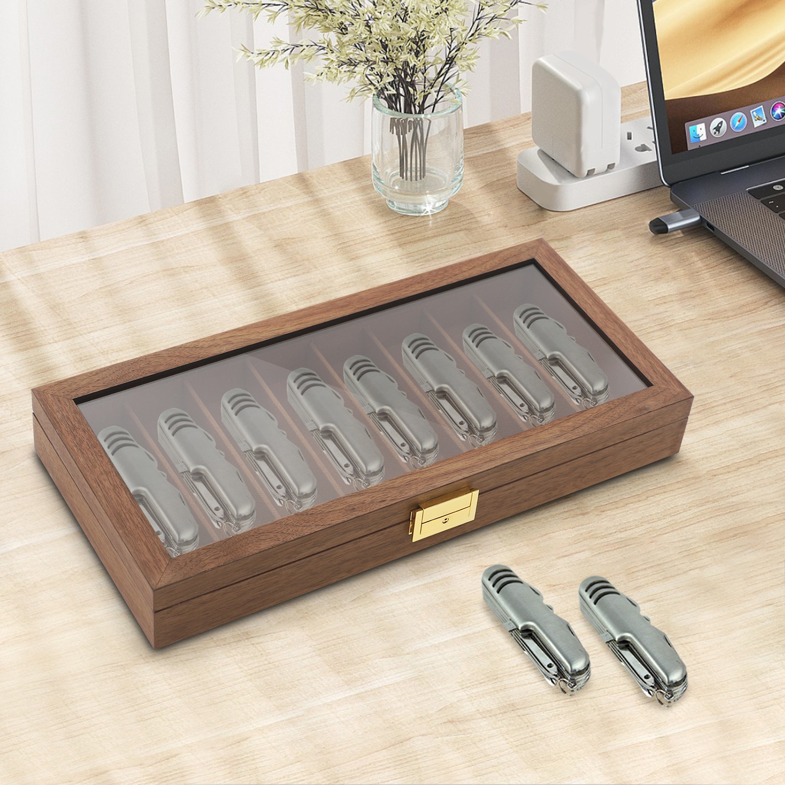 8 Compartment Knife Display Case 40*19*5 cm Glass Top Knife Storage Box
