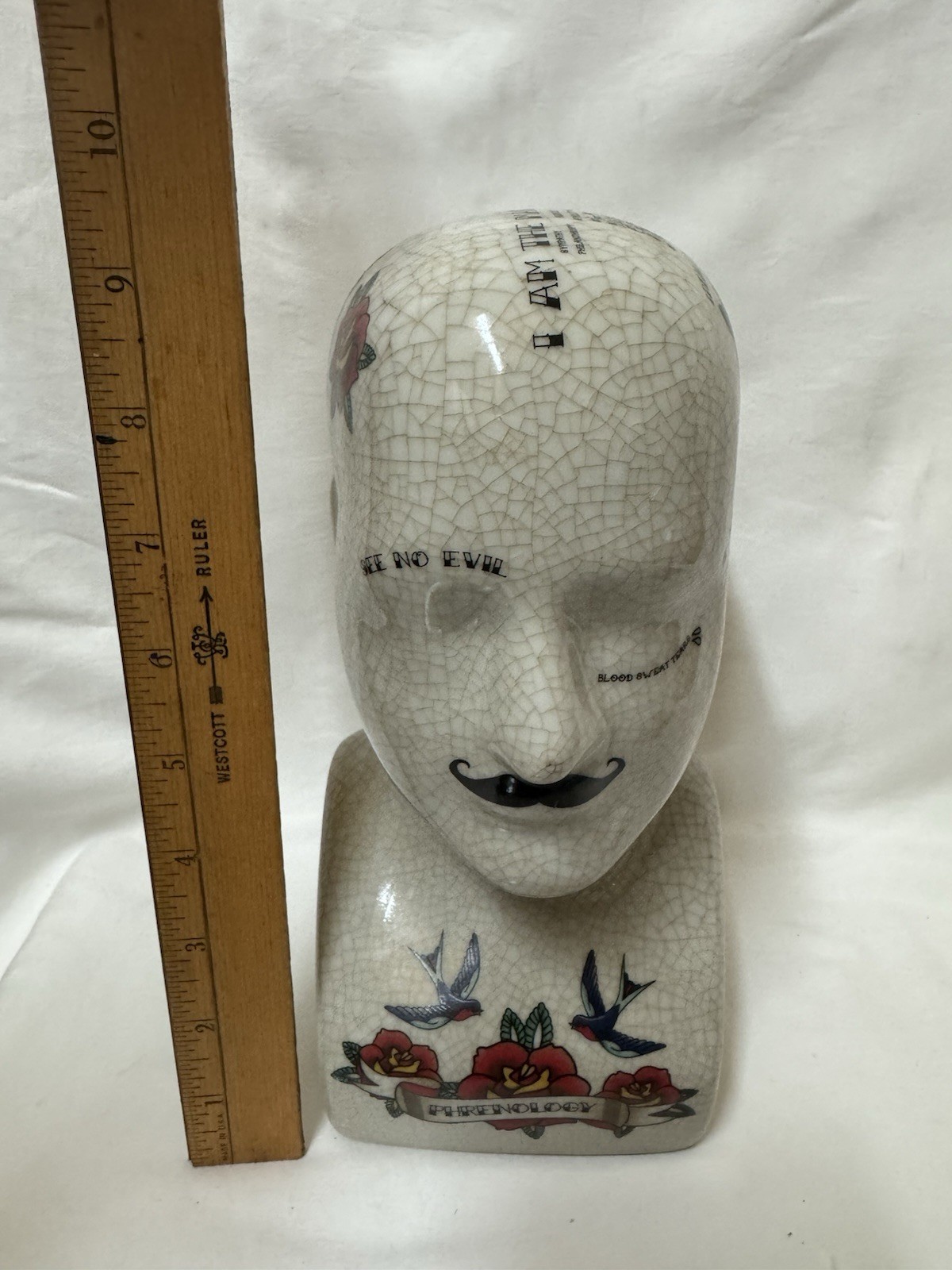 Tattooed Phrenology Head Bust Three Hands Corp Crackle Glazed