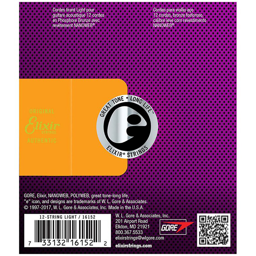 Elixir 16152 12-String Nanoweb Phosphor Bronze Guitar Strings, Light (10-47)