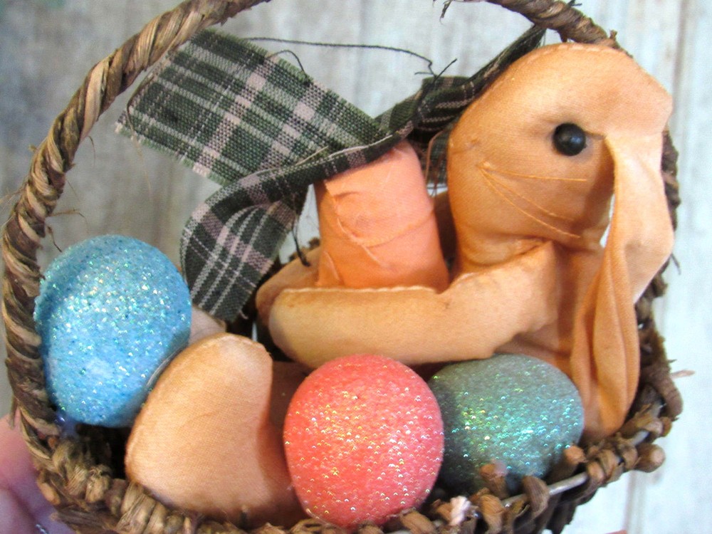 Primitive Cloth Easter Bunny in Egg Basket w Sparkly Easter Eggs HAPPY SPRING