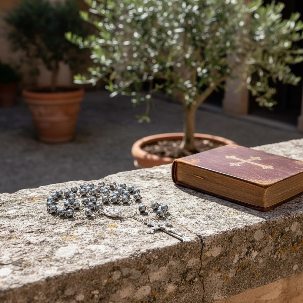 Hematite Rosary Beads Necklace with Jerusalem Holy Soil Religious Pendant