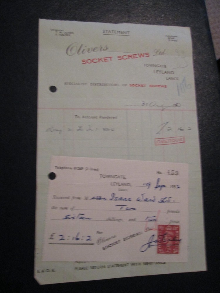 Olivers Socket Screws Ltd, Towngate, Leyland, Lancs 1952 receipt & statement