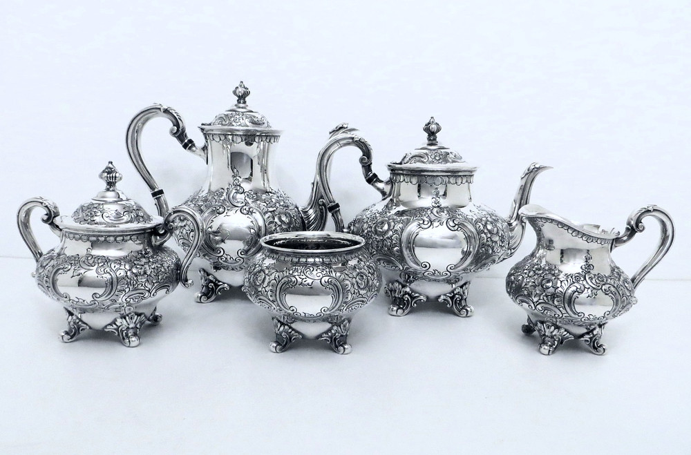 1937 REED & BARTON  VICTORIAN ROCOCO REPOUSSE HAND CHASED COFFEE TEA SET 5 PC