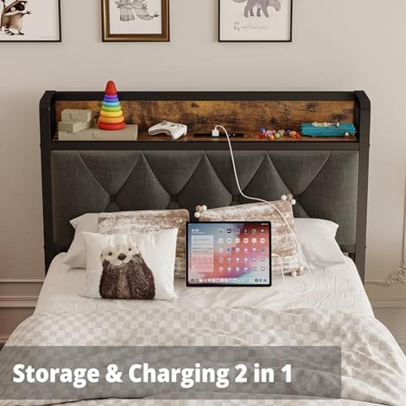 Bed Frame Twin W/ Storage Headboard & USB Outlets Stable Support Easy Assembly