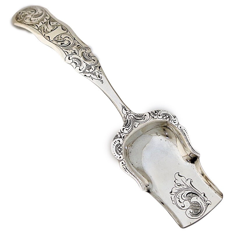 19C Antique Dutch Solid Silver Tea Caddy Sugar Shovel Spoon Server Rococo Ladle