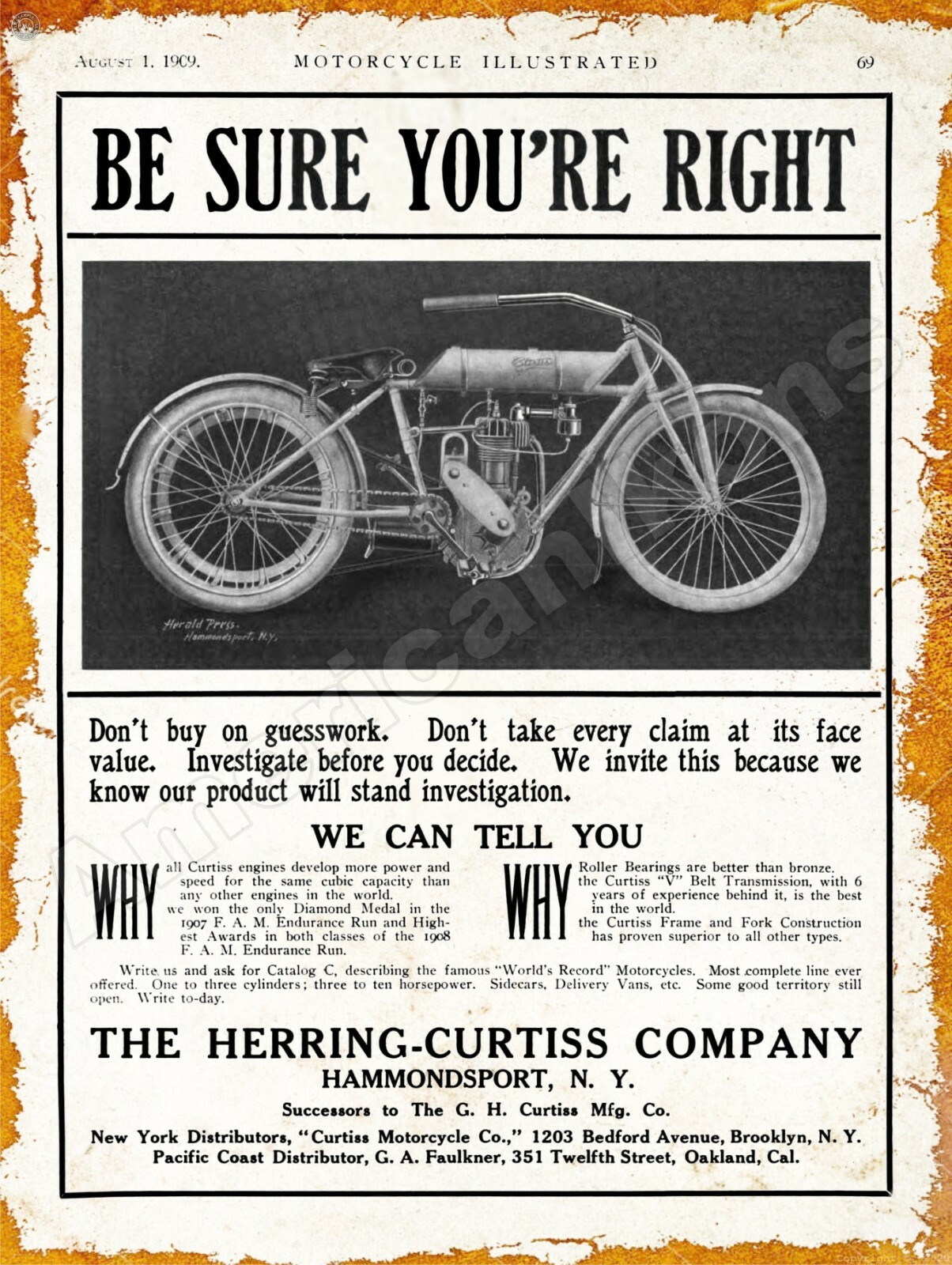 1909 Herring-Curtiss Co. Motorcycles New Metal Sign: Hammondsport, New York