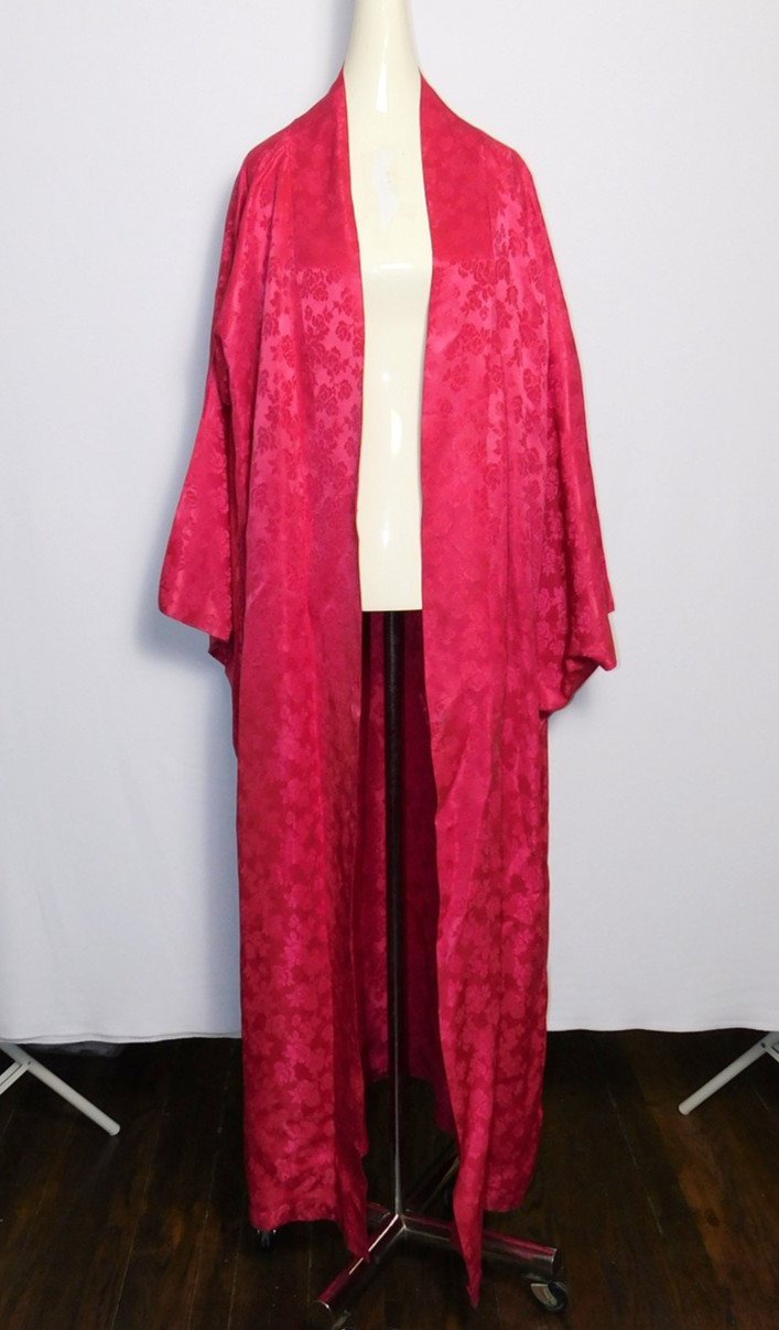 Vtg Womens Fuchsia Pink Floral Silk Damask Full Length Kimono Robe Nightwear