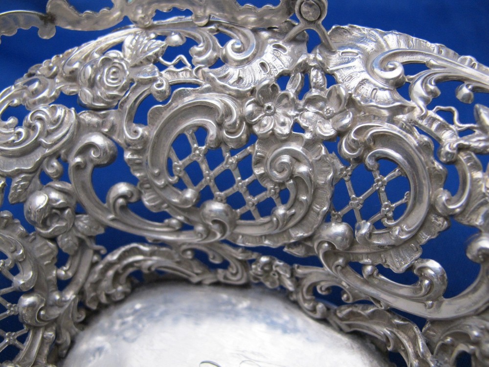 Nice Small VICTORIAN Sterling PIERCED SWING HANDLE BASKET-Repousse Scrolls