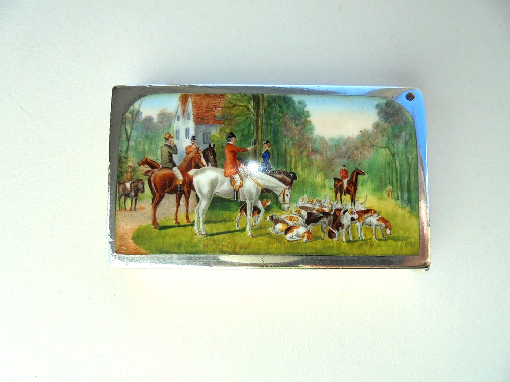 Silver & Enamel Vesta Case Fox Hunting Scene 1899