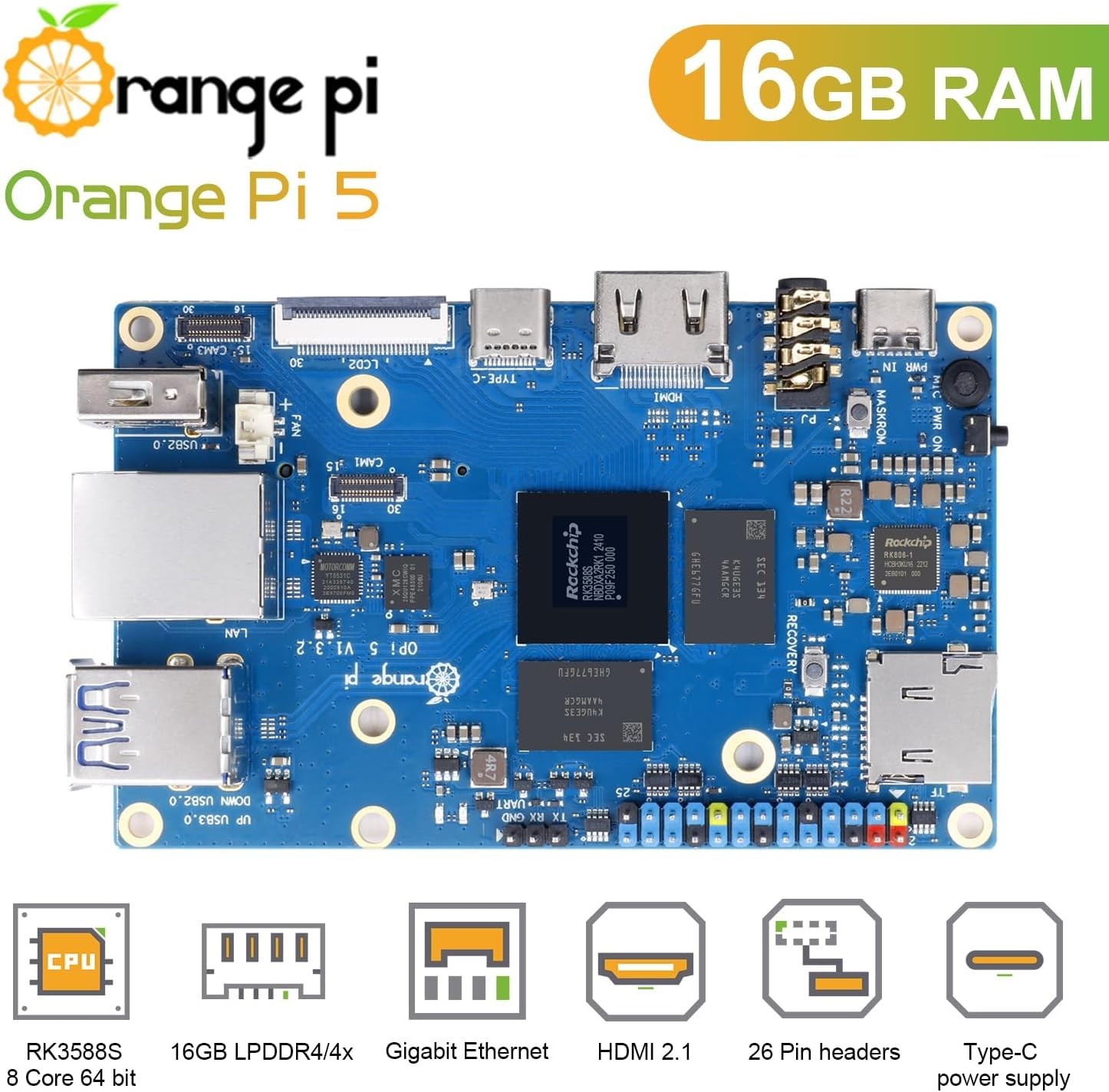 Orange Pi 5 16GB Rockchip RK3588S 8 Core 64 Bit Single Board Computer, 2.4GHz