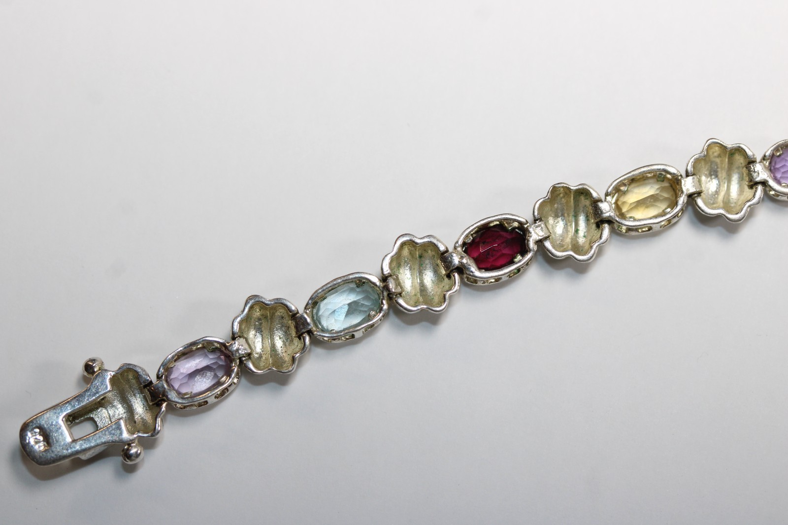 FAS Bracelet Multi Gemstone Tennis Vintage Sterling Silver 7" Chain #0085