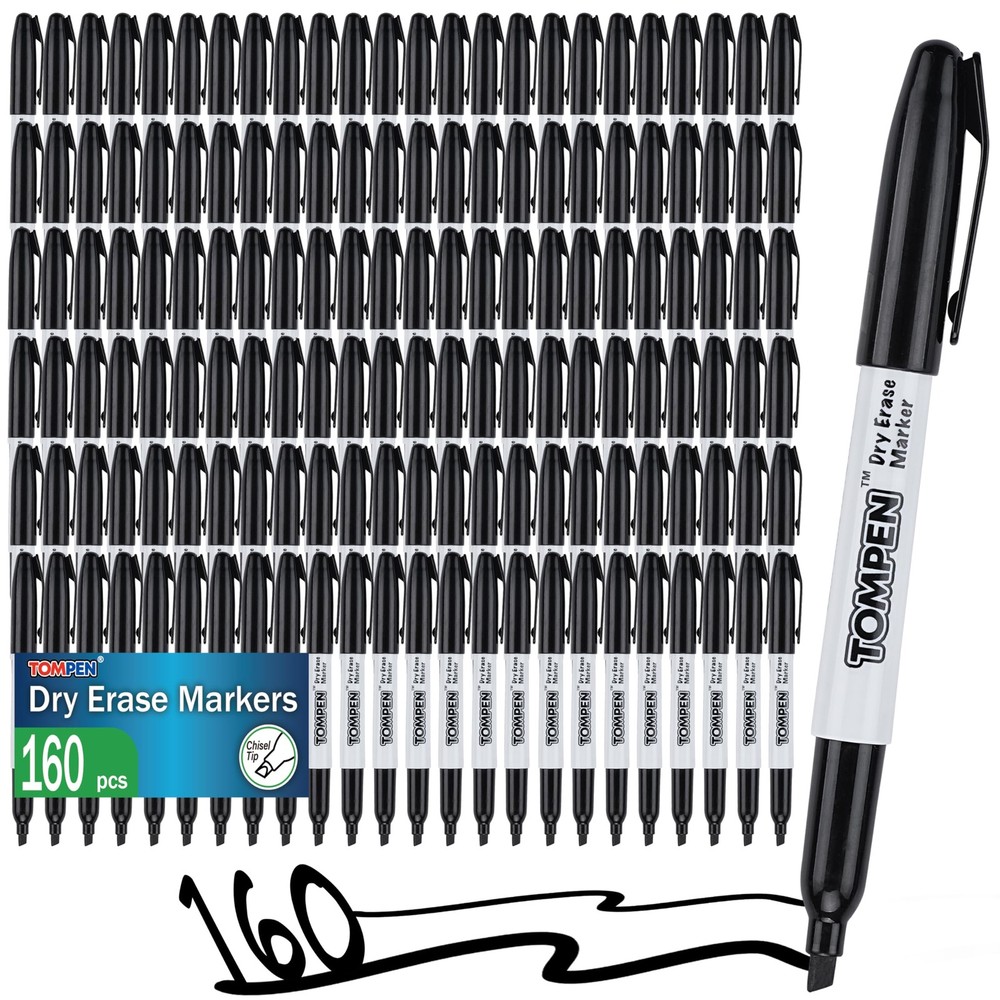 TOMPEN Dry Erase Markers Black,160 Bulk Pack Chisel Tip,Low Odor Quick-Drying...