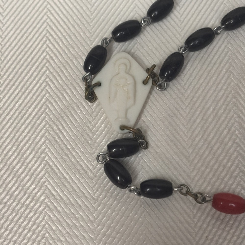 Vintage Rosary Red Black Beads Plastic Cross Metal Link Chain