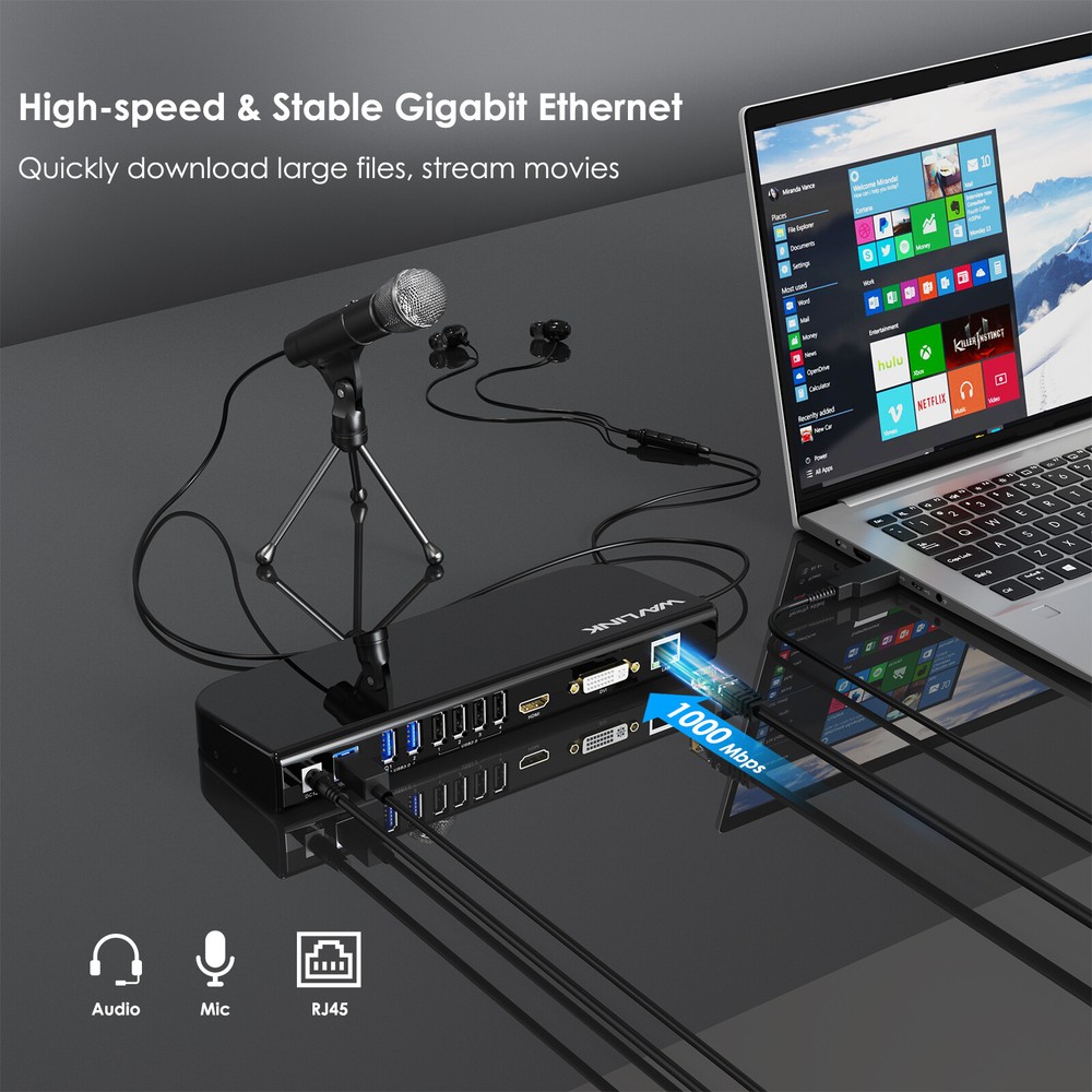 WAVLINK USB 3.0/USB-C Docking Station Dual Display Ethernet DisplayLink Adapter