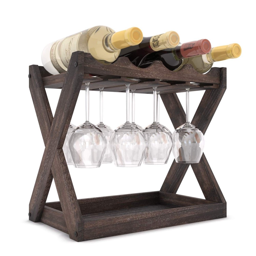 Rustic State Cava Countertop Solid Wood Wine Rack for 4 Bottles and 6 Stemwar...