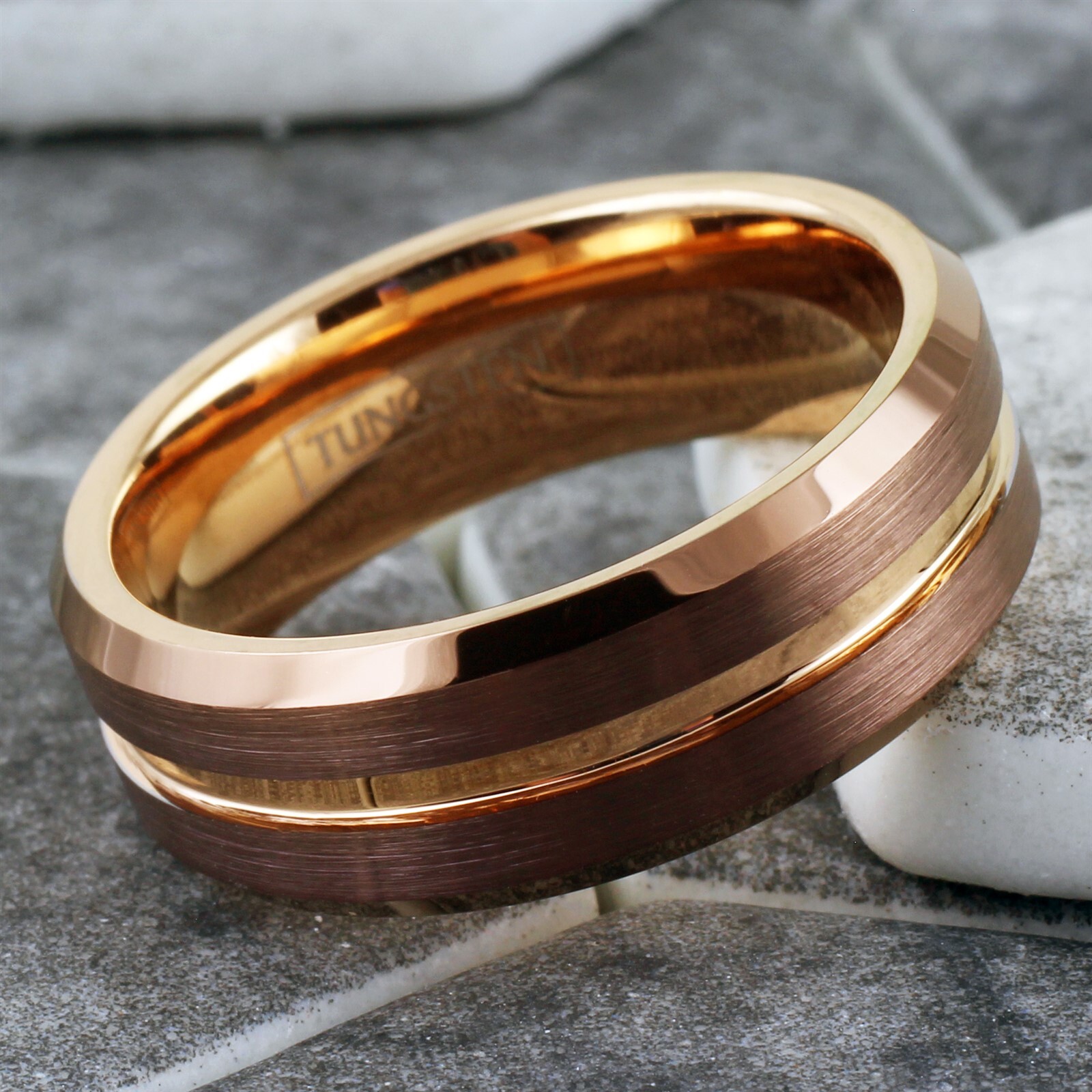 Bronze-Brown Tungsten Carbide Men's Ring Rose Gold Plated Stripe Wedding Band