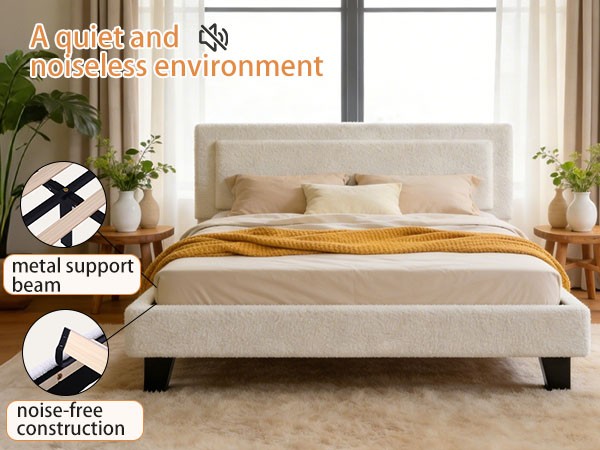 King Upholstered Bed Frame with Adjustable Headboard No Box Spring Needed Beige