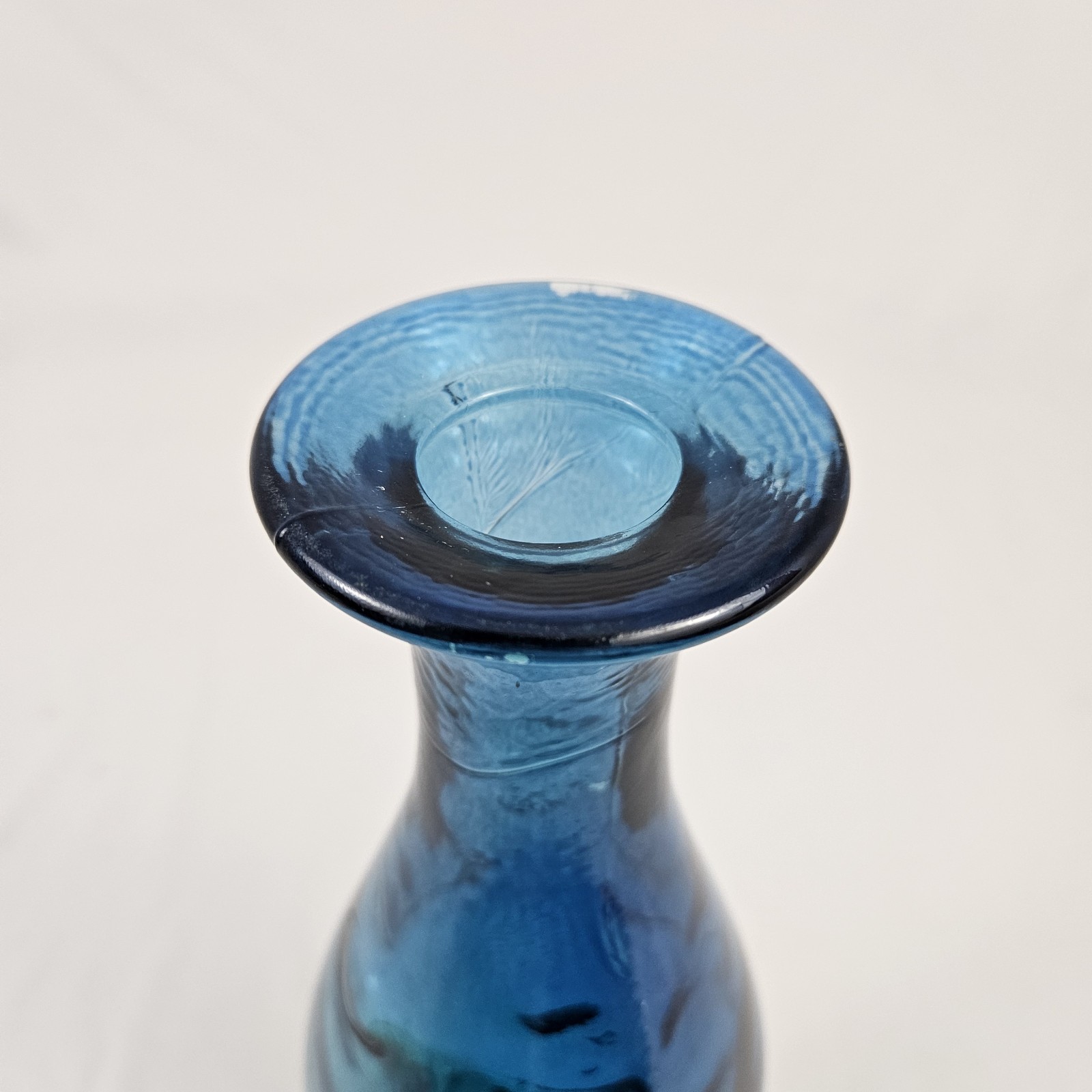 Vintage Blown Glass Decanter Genie Bottle 19” Tall W/ Stopper Blue Flash Pier 1