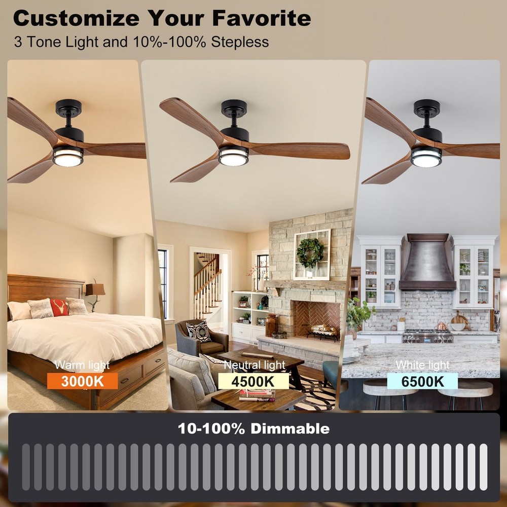 52” Outdoor Ceiling Fan with Light, 3 Walnut Solid Wood Blade, Remote Control...