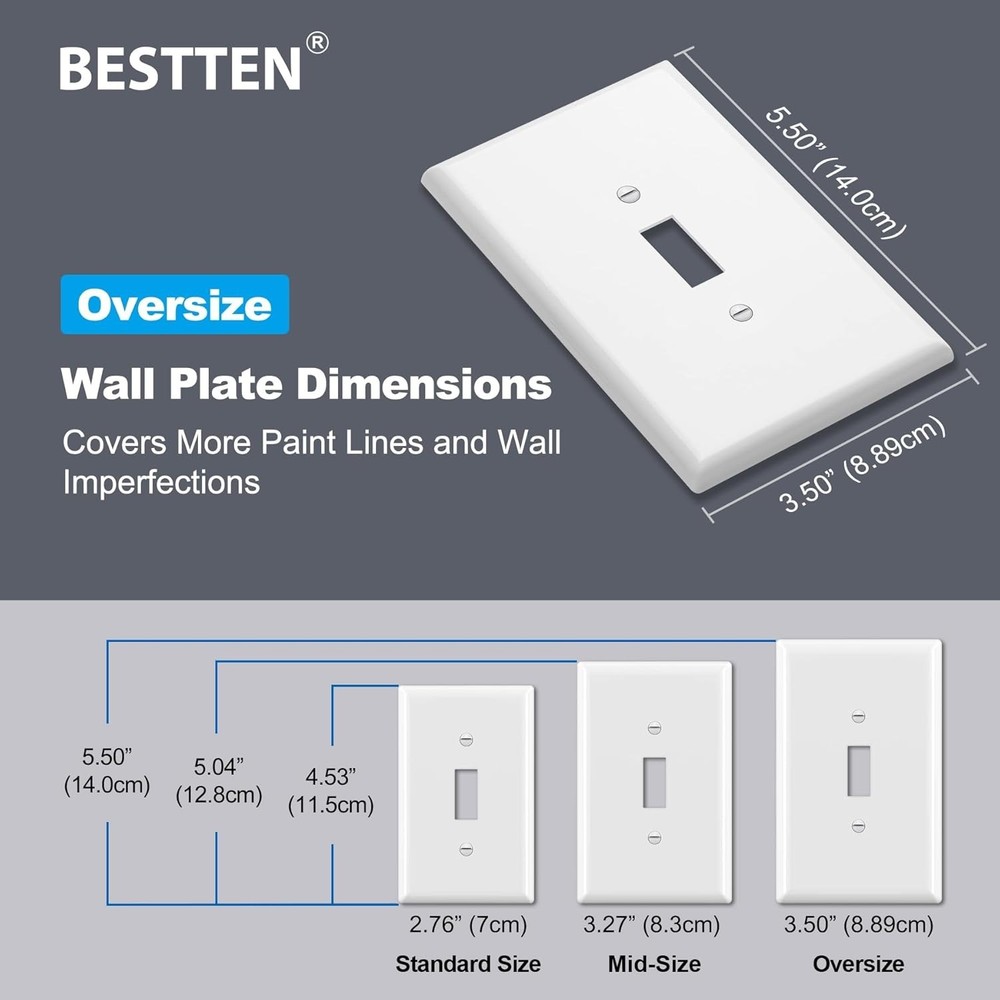 Bates- Light Switch Plates, 10 Pack, Oversize 5.5" x 3.5", White Light Switch