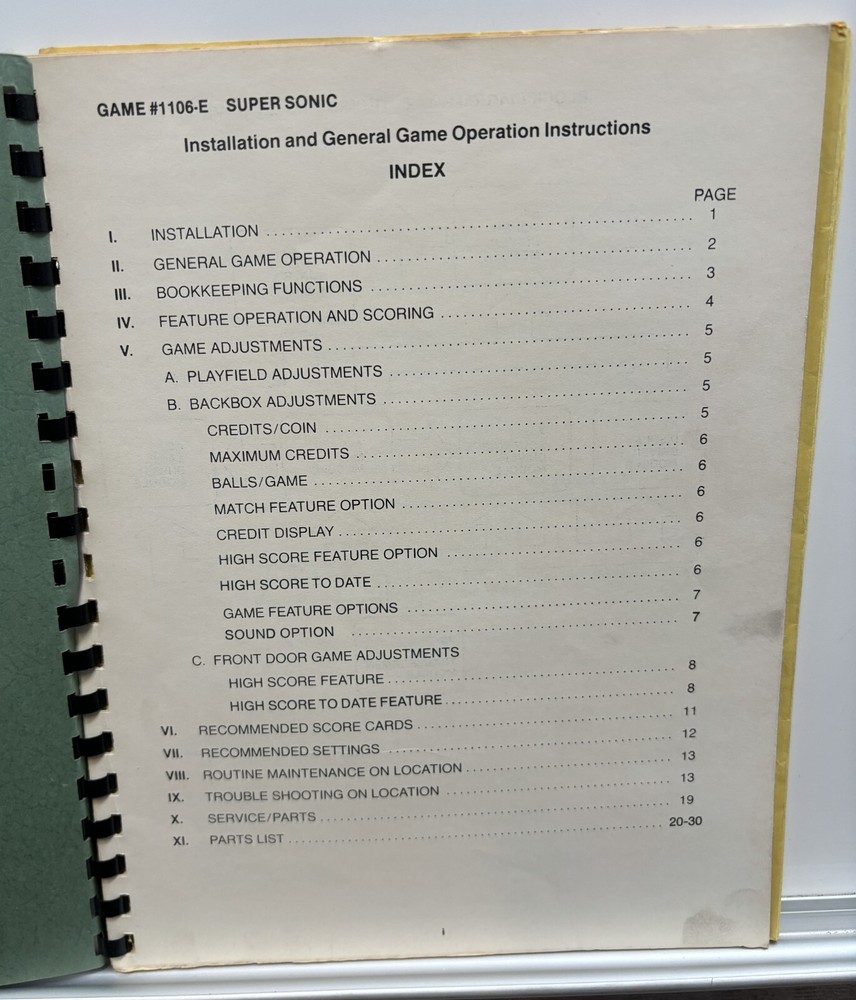 ORIGINAL-BALLY-SUPERSONIC-INSTALLATION & GAME OPERATIONS INSTRUCTIONS
