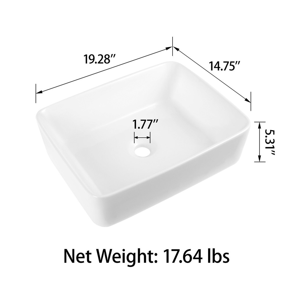 Sinber 19"x15" White Rectangular Ceramic Countertop Bathroom Vanity Vessel Sink