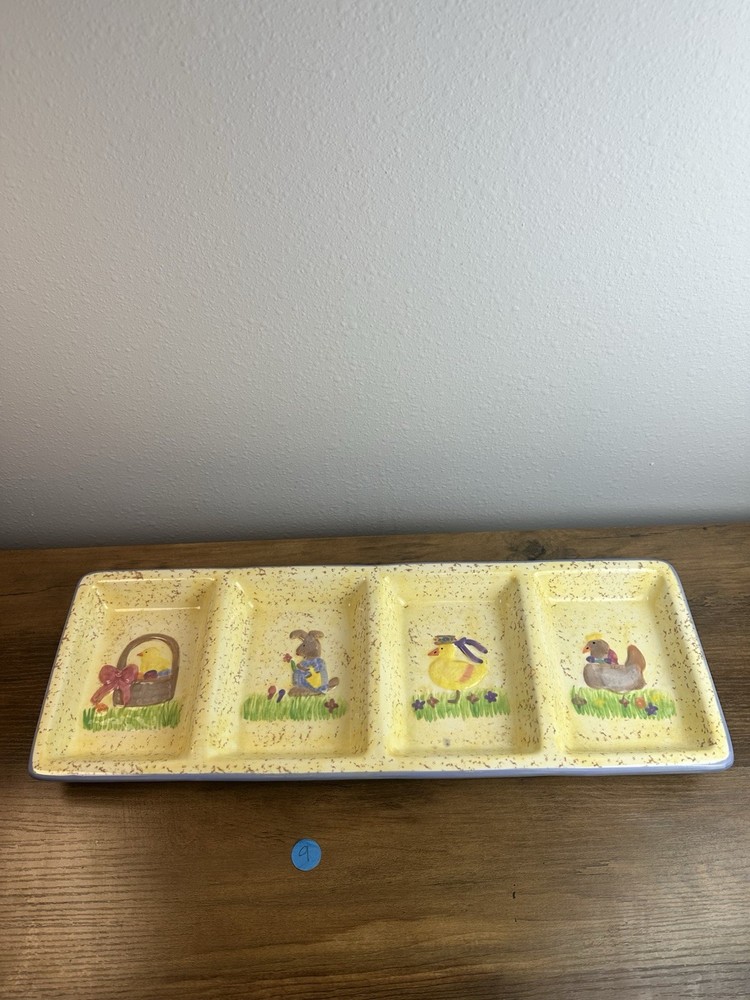 Vintage Easter Bunny Chick Divided Serving Tray 4 Section Spring Platter 17”