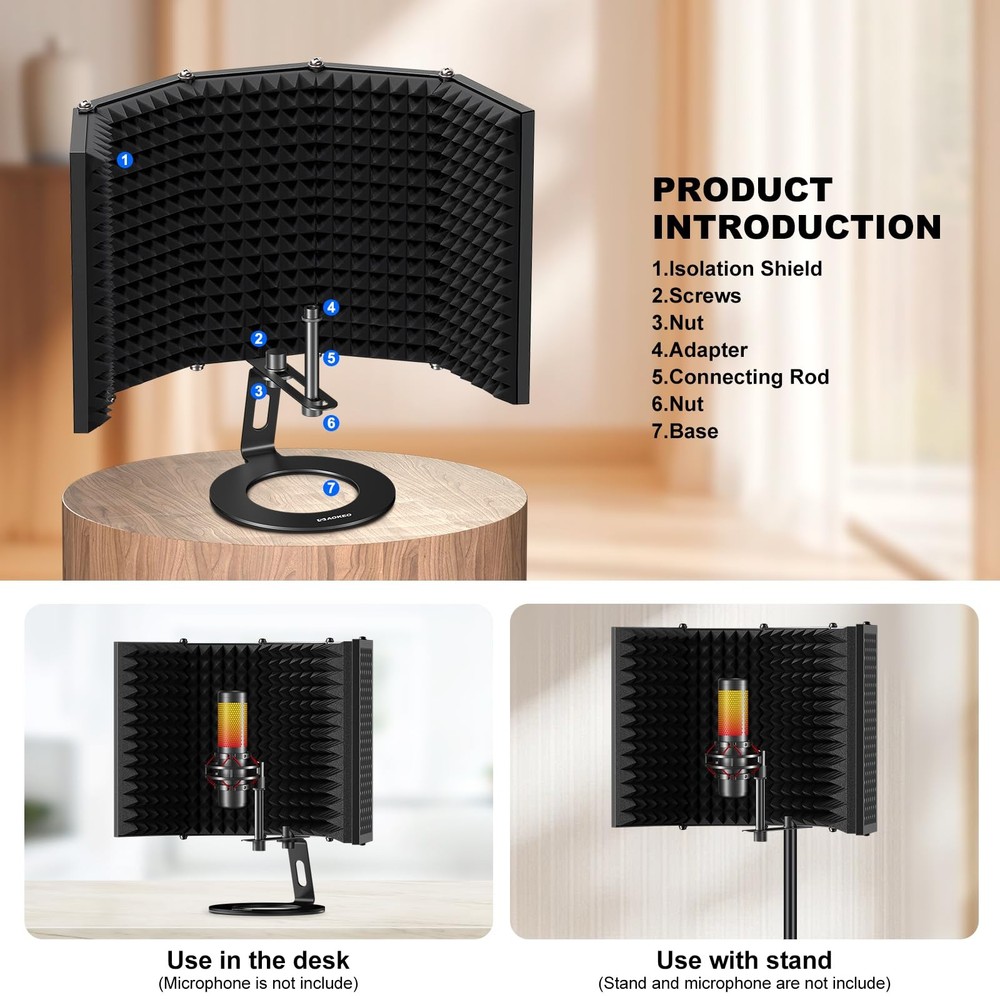 Aokeo Microphone Isolation Shield, Foldable Mic Shield with Triple Sound Insu...