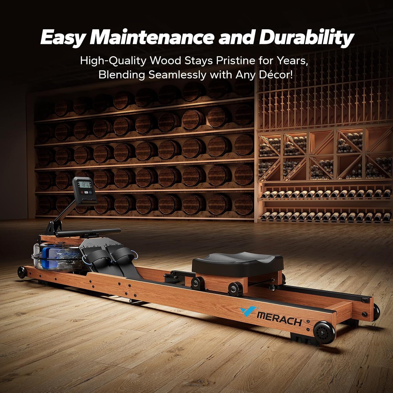 MERACH R28 Foldable Water Rowing Machines for Home Gym with 400LB Weight Wood