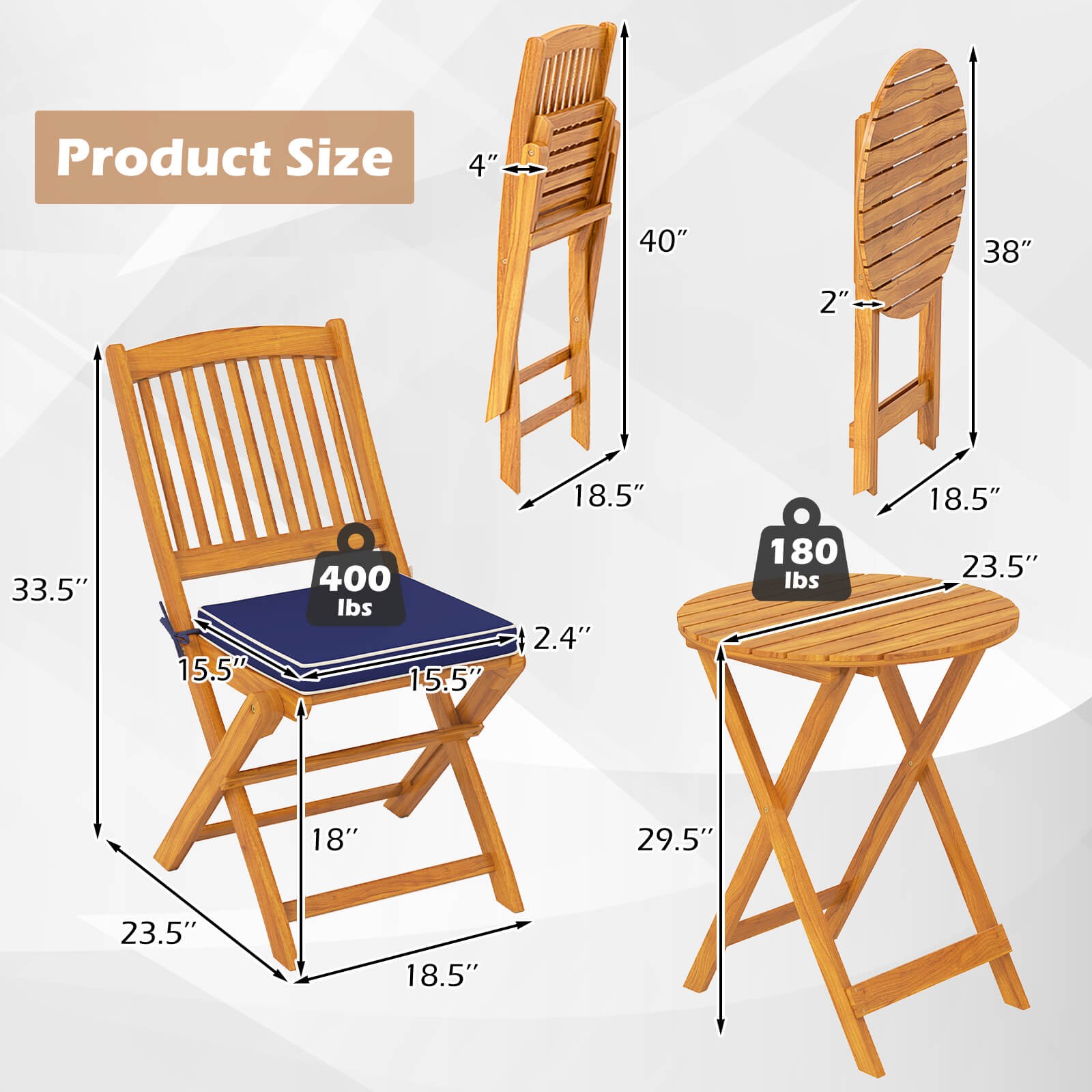 3 Pieces Acacia Wood Patio Bistro Set Folding Table & Chairs Set w/ Cushions