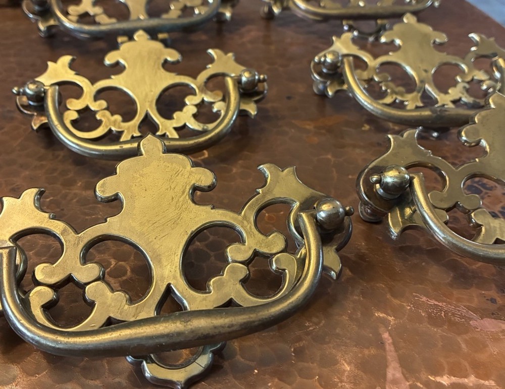 Fancy Drexel Chippendale Solid Brass Drawer Pulls Set 10 Bat Wing 4 3/4”w