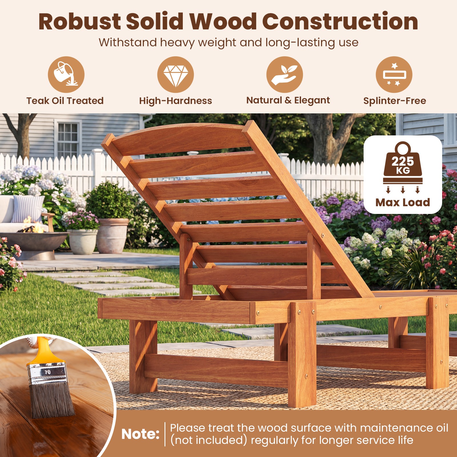 Patio Chaise Lounge Chair, Solid Wood Outdoor Recliner with Adjustable Backrest