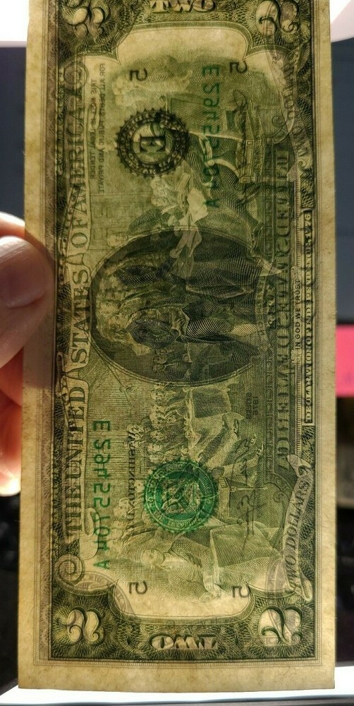 1976 $2 note alignment Shift over-inking error AU58 1 fold