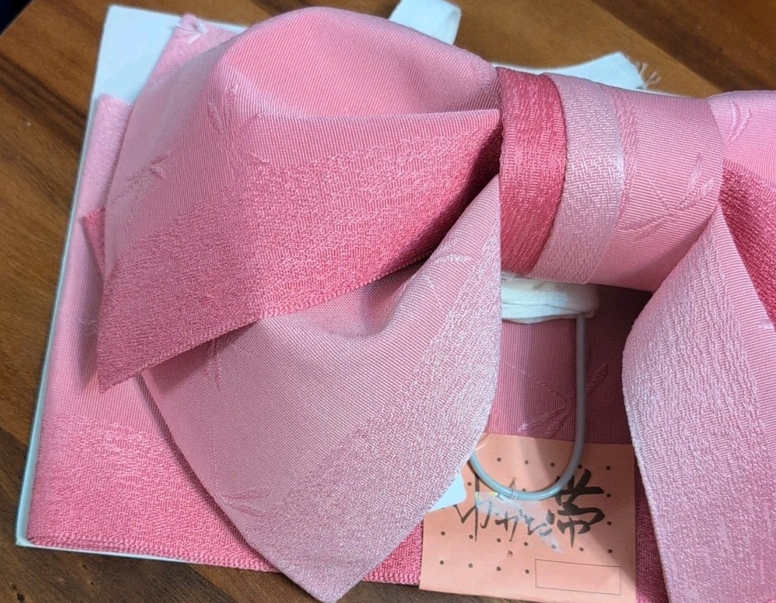 Japanese Pink Polyester 60"L Kimono Yukata Dragonfly Bow Obi Belt, Made in Japan