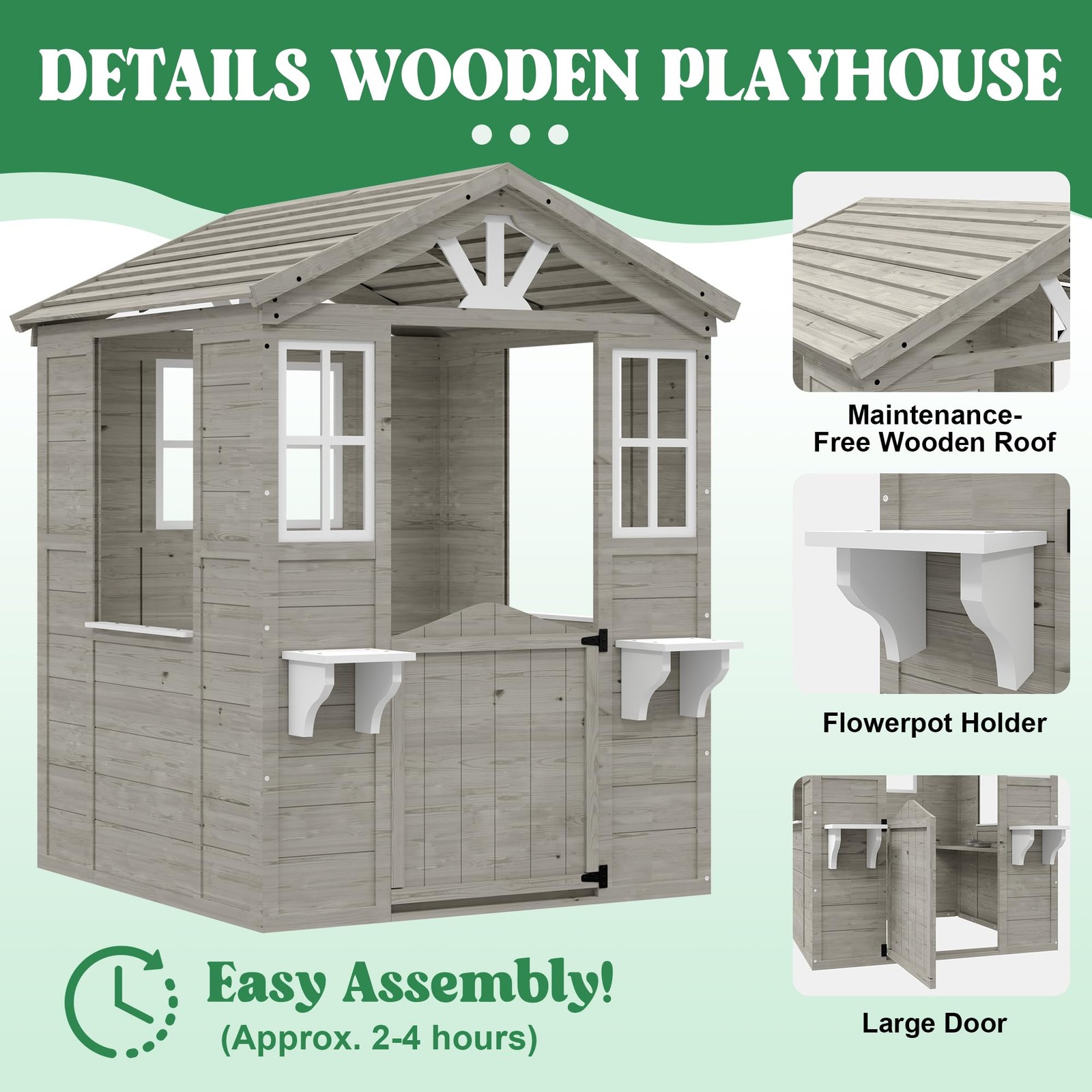 Cedar Wooden Kids Playhouse with Play Kitchen, Outdoor Toddler Cottage Backyard