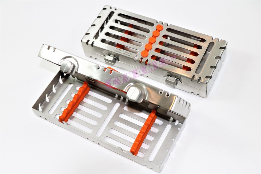 2 GERMAN RACKS STERILIZATION TRAYS FOR 5 INSTRUMENTS DOUBLE BUTTONS DETACHABLE