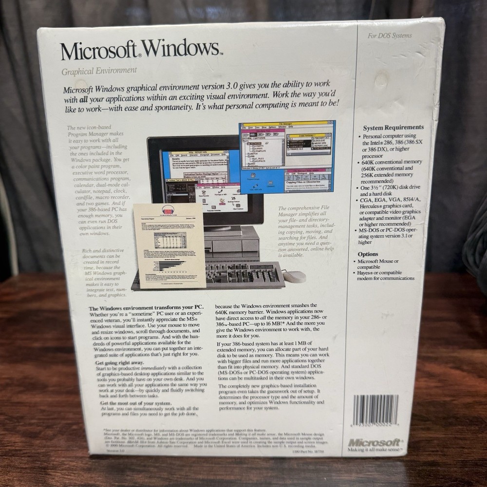 Factory Sealed Microsoft Windows 3.0 Vintage PC Software 3.5" 720K