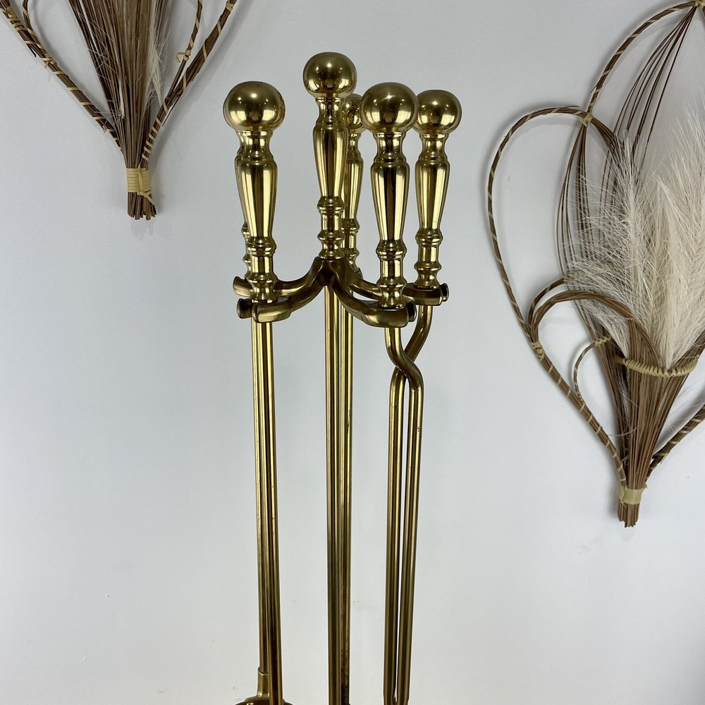 Vintage Solid Brass MCM Fireplace 5 Piece Tool Set Hollywood Regency