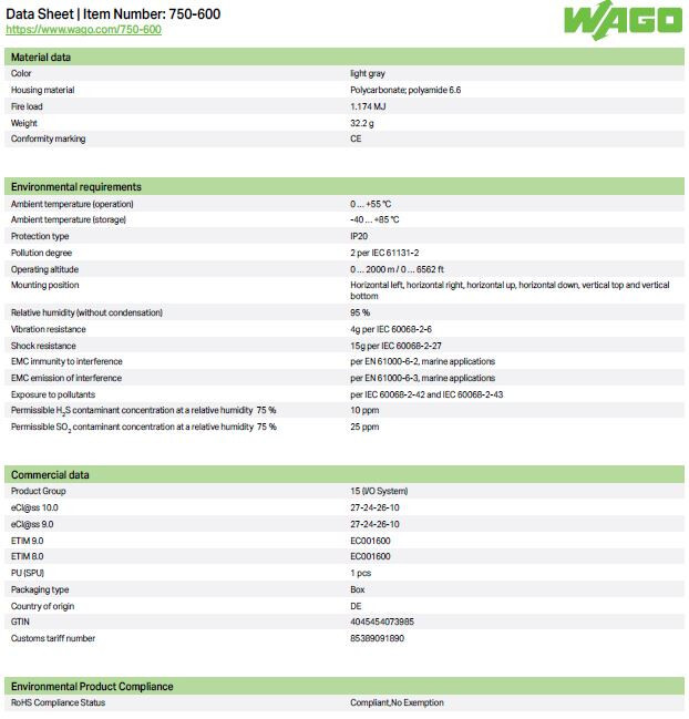 WAGO 750-600 End Module Fieldbus Node