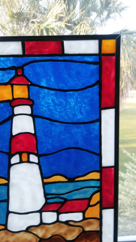 Lighthouse Nighttime Stained Glass Window Panel Hand Painted