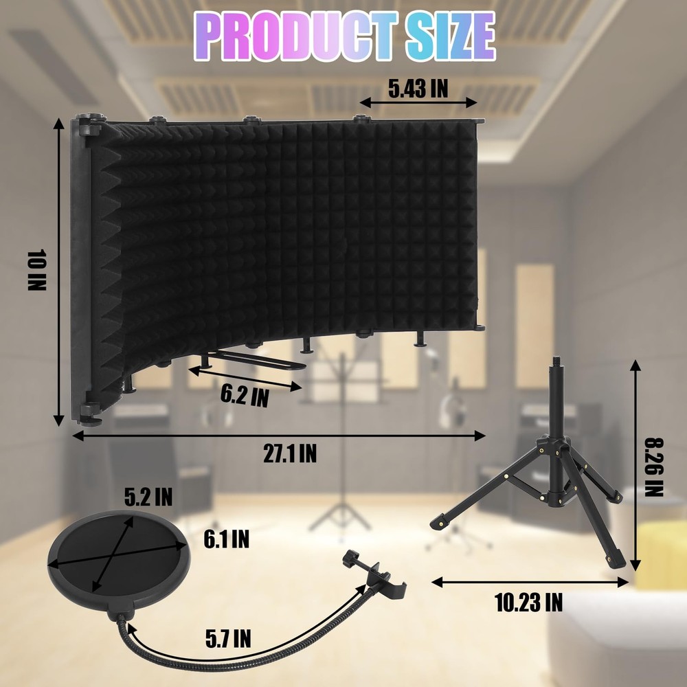 Microphone Isolation Shield, 5-Fold Adjustable Portable Reflection Filter wit...