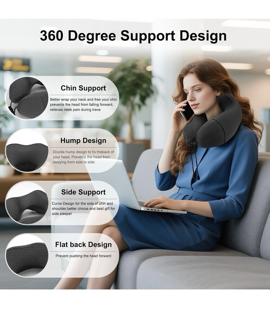 Dark Gray Memory Foam Neck Pillow with Carry Case