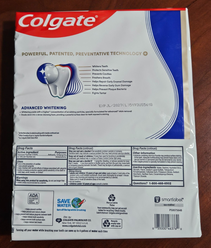 5 Pack Colgate Total Active Prevention Advanced Whitening Toothpaste Exp 07/2027