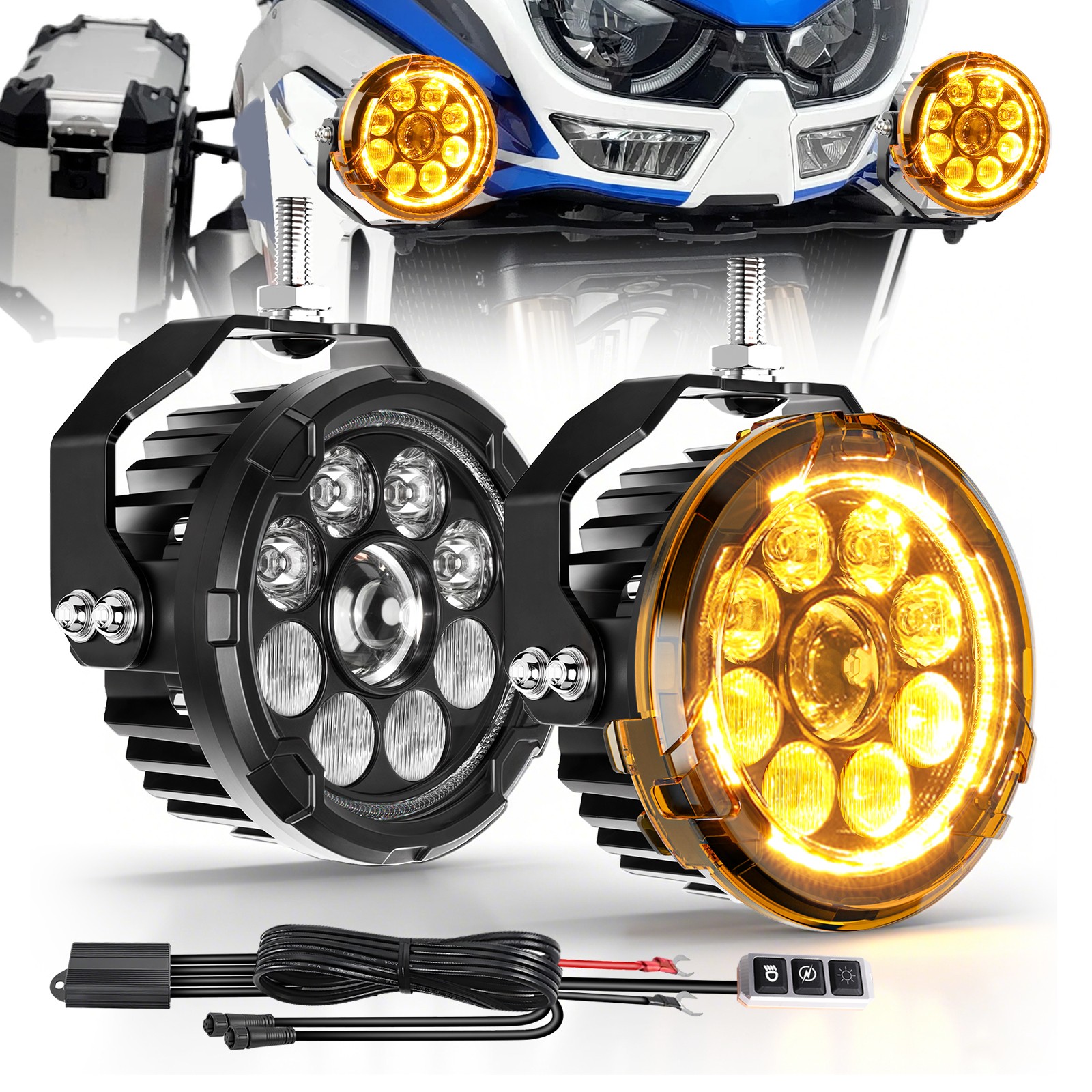 Pair Motorcycle LED Headlight Amber White Spot Lights Driving Auxiliary Fog Lamp